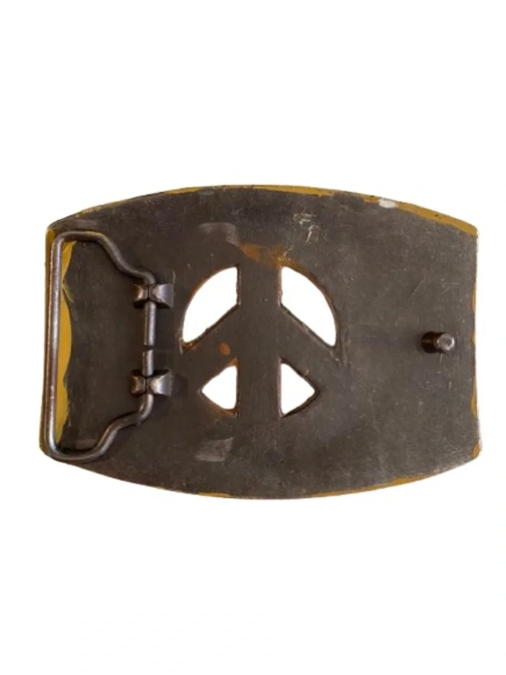 Peace Sign Metal Belt Buckle Painted Antiqued Gold and Brown 3.5” x 2.5” Boho